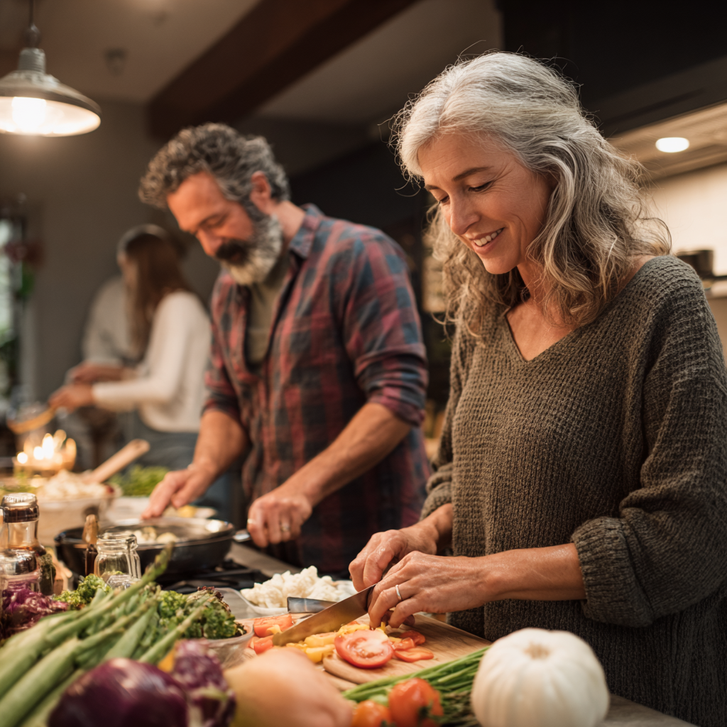 mature adults preparing healthy meals together in modern kitchen