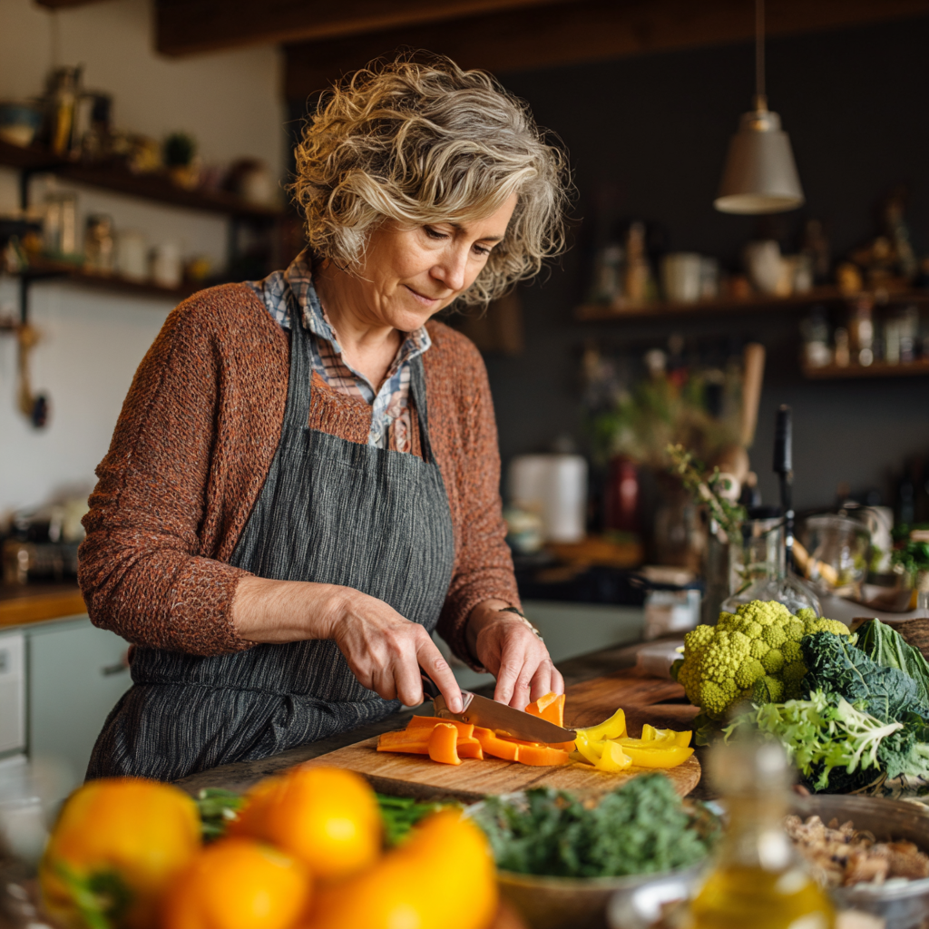 middle-aged woman cooking healthy vegetables in bright kitchen